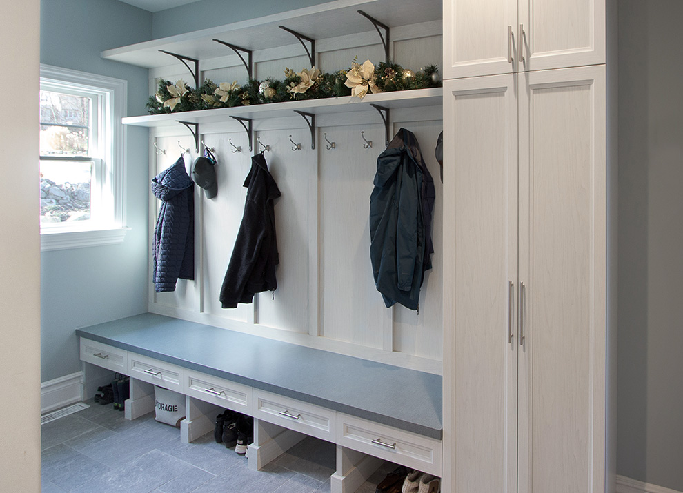 Mudroom with Coat Hooks, Decorative Cast Iron Shelf Brackets, Bench with Drawers and Storage Cabinet