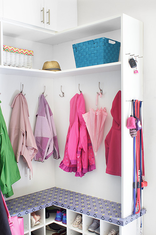 Mudroom Cabinets with Open Storage Shelves, Two Prong Hooks and Key Hooks