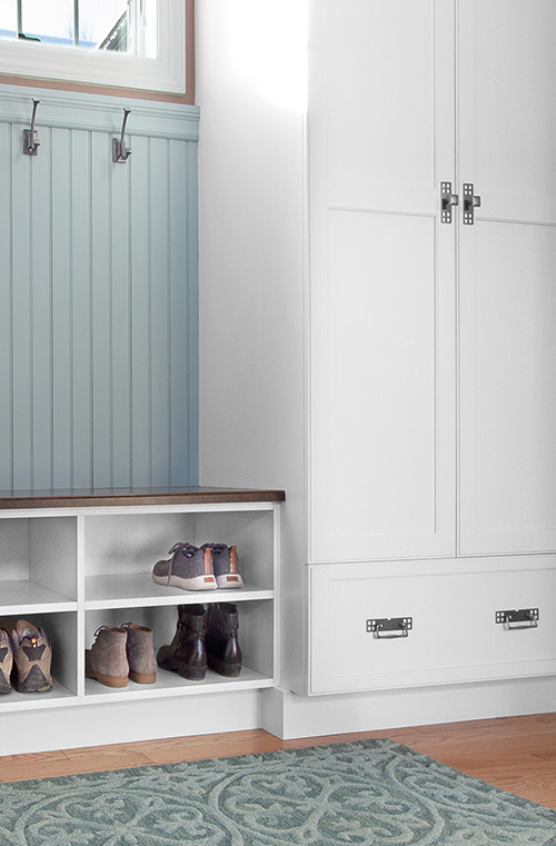 Mudroom Coat Hooks with Shoe Bench and Cabinet Drawers