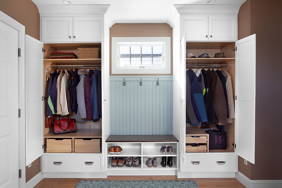 Entryway Mudroom Cabinets with Storage Drawers, Open Shelving with Wainscoting Trim