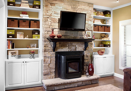 Pellet Stove Surround Storage Cabinets and Custom Mantel