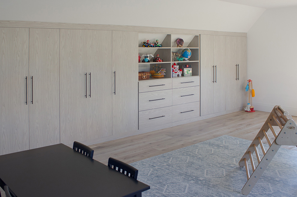 Playroom Storage Cabinets with Open Shelves and Drawers