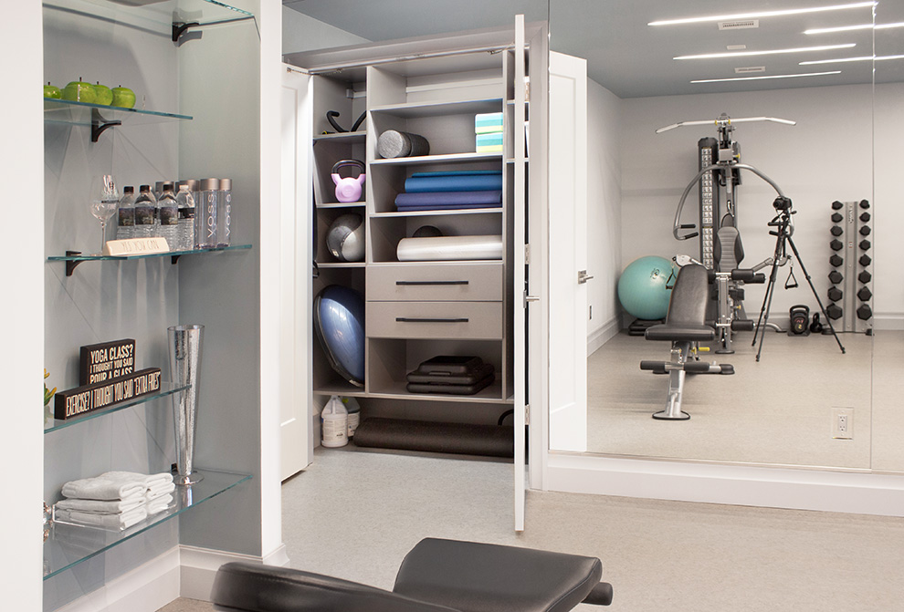 Glass Storage Shelves and Cabinet with Drawers for Home Gym