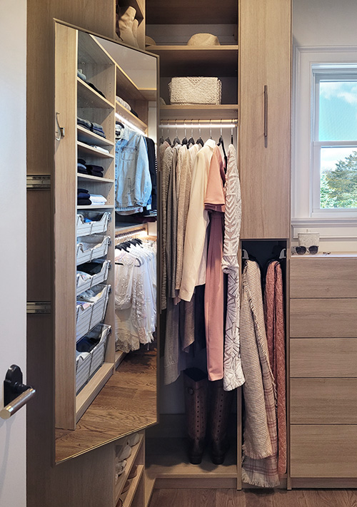 Ladies Closet Mirror Slides Out and Pivots for Custom Closets