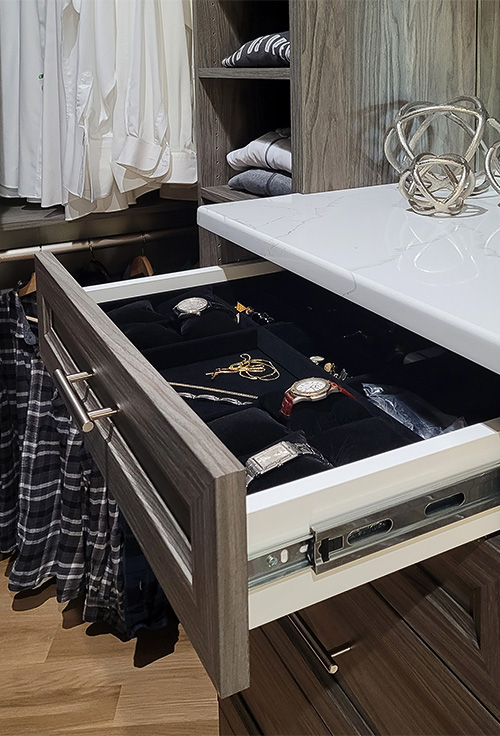 Black Velvet Lined Triple Pullouts Behind One Drawer Face for Jewelry and Watches