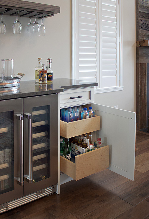 Custom Home Bar Cabinetry with Pull Out Drawers