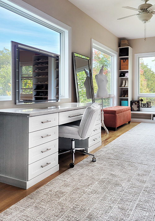 Walk-In Closet Built-In Vanity with Custom Mirror and Shoe Cabinet