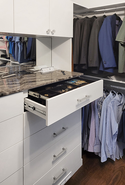 Custom Primary Closet with Double Tierd Jewelry Drawer