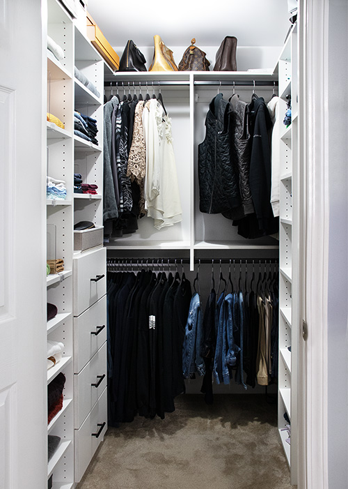 Custom Small Walk-In Closet with Smart Shelving and Designer Organization Details in Hartsdale, NY