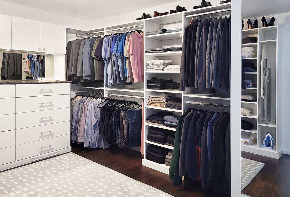 Luxury Walk-In Custom Closet with Mirrored Built-In Dresser with Dual Hanging Space and Open Shelves