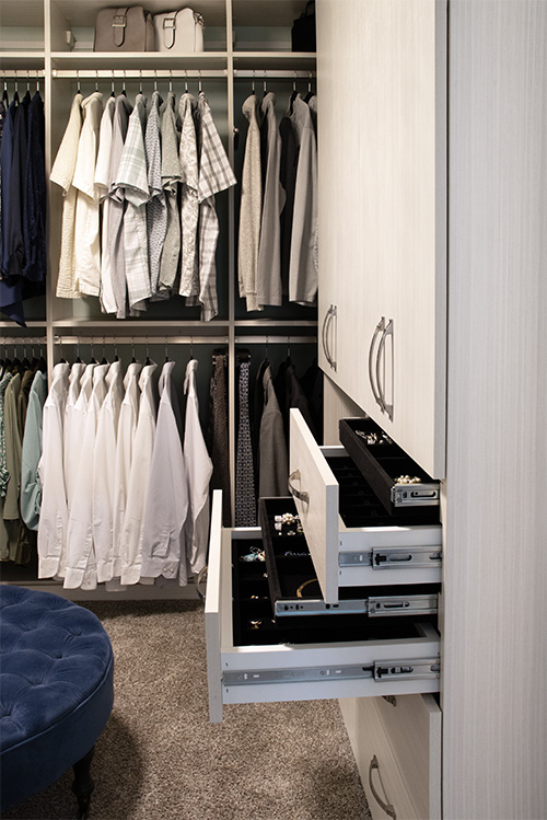 Luxury Closet with Two Double Tiered Velvet Lined Jewelry Drawers