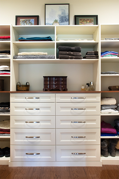 Small Walk-In Closet Bureau with Drawers, Open Adjustable Shelves and Accent Wood Bureau Top