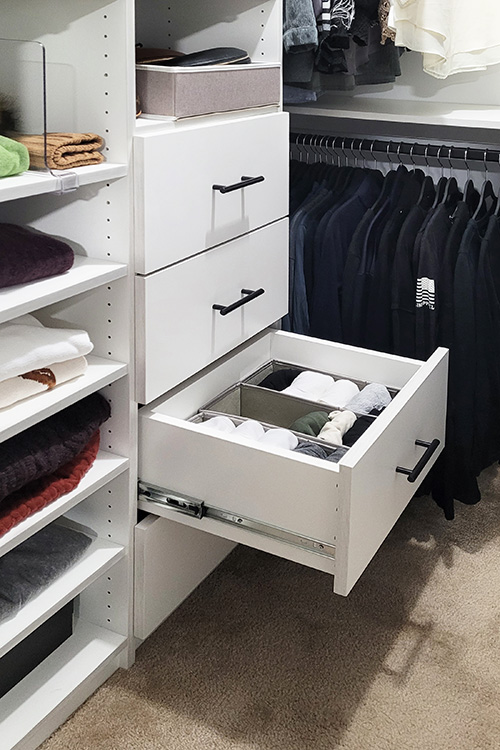 Custom Small Walk-In Closet with Cabinet Drawers Dividers & Adjustable Shelves in Goshen, NY