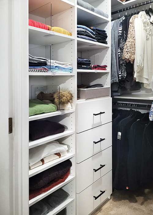 Custom Walk-In Small Closet with Drawers, Adjustable Shelves and Shelf Dividers