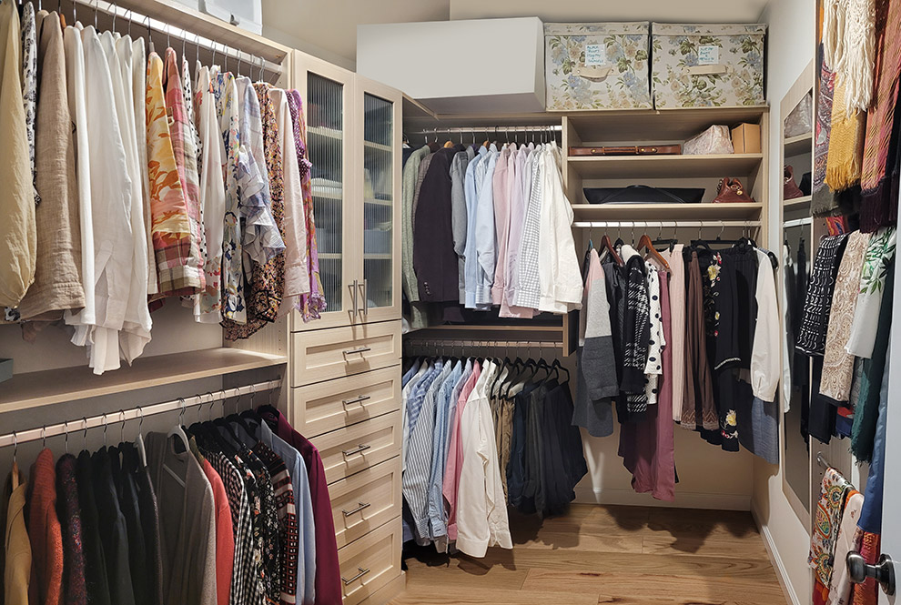 Primary Walk-In Closet with Bureau Style Cabinet with Seeded Glass Doors, Full-Length Mirror in Nanuet, NY