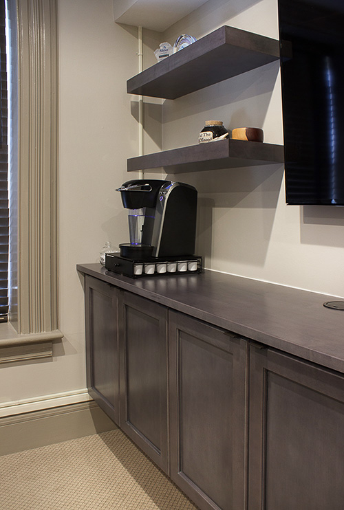 Storage Credenza and Floating Open Shelves Close Up