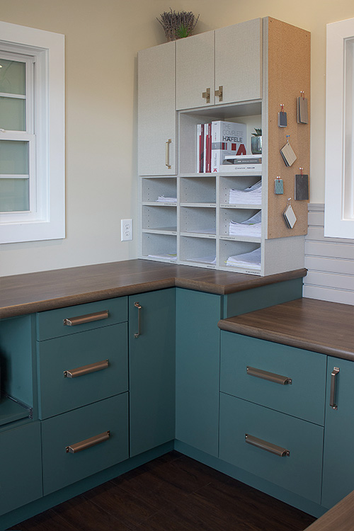 Multi-Counter Office Workspace with File Drawers