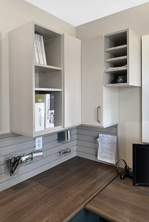 Office Workstation with Open Shelves, Paper Cubbies and Handiwall for Accessories