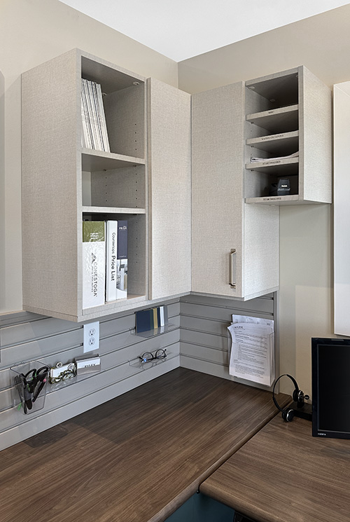 Office Workstation with Open Shelves, Paper Cubbies and Handiwall for Accessories