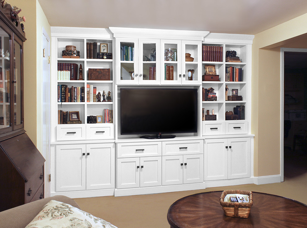 Floor to Ceiling Creamy White Entertainment Cabinets and Drawers