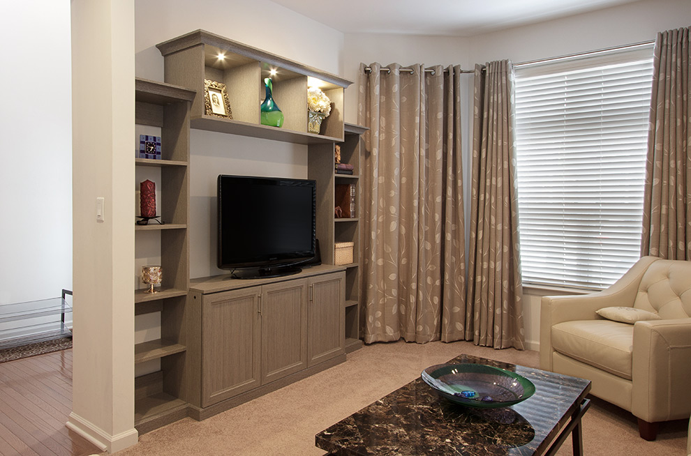 Entertainment Cabinet with a Trio of Display Shelves and Concealed Storage Cabinet