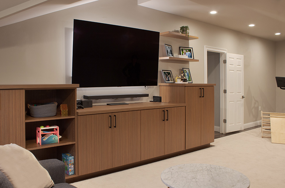 Great Room TV Center Cabinets with Floating Shelves