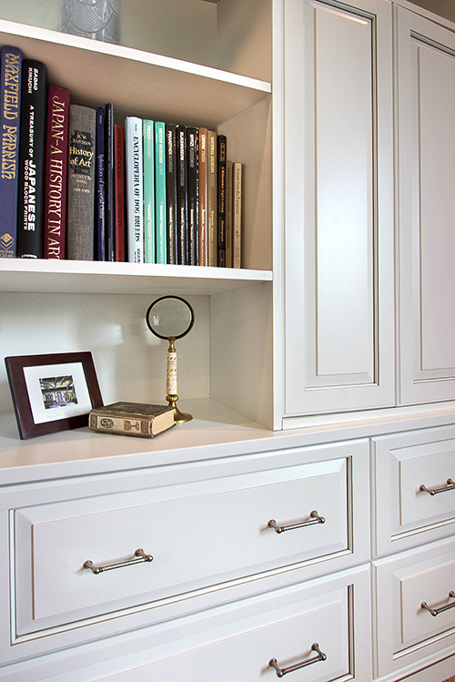 White Guest Room Entertainment Center with Deep Storage Drawers Close Up