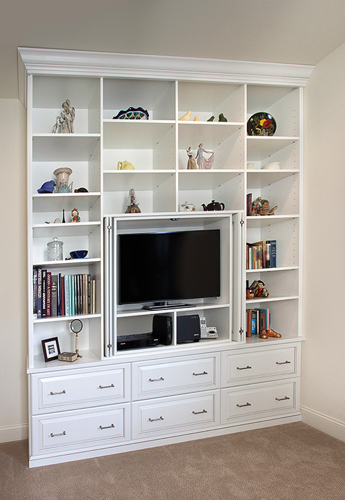 Media Unit with Sophisticated Cabinet Doors Concealing Big Screen TV