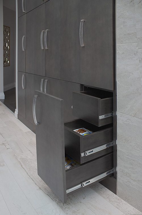 Entertainment Built-In Cabinet with Triple Drawers Behind A Single Vertical Drawer