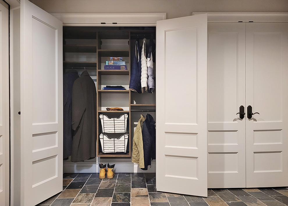 Custom Brown Halifax Oak Entry Closet Storage with Sliding Baskets in Harriman, NY