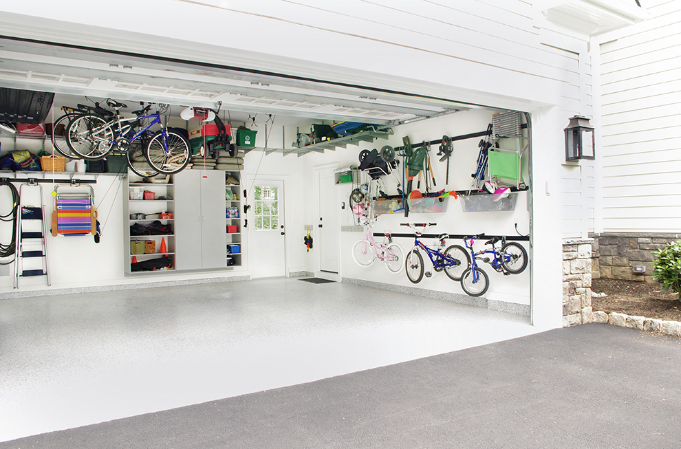 Garage Storage using Fast Track Wall Mounted Systems and Locking Storage Cabinet with Open Shelves