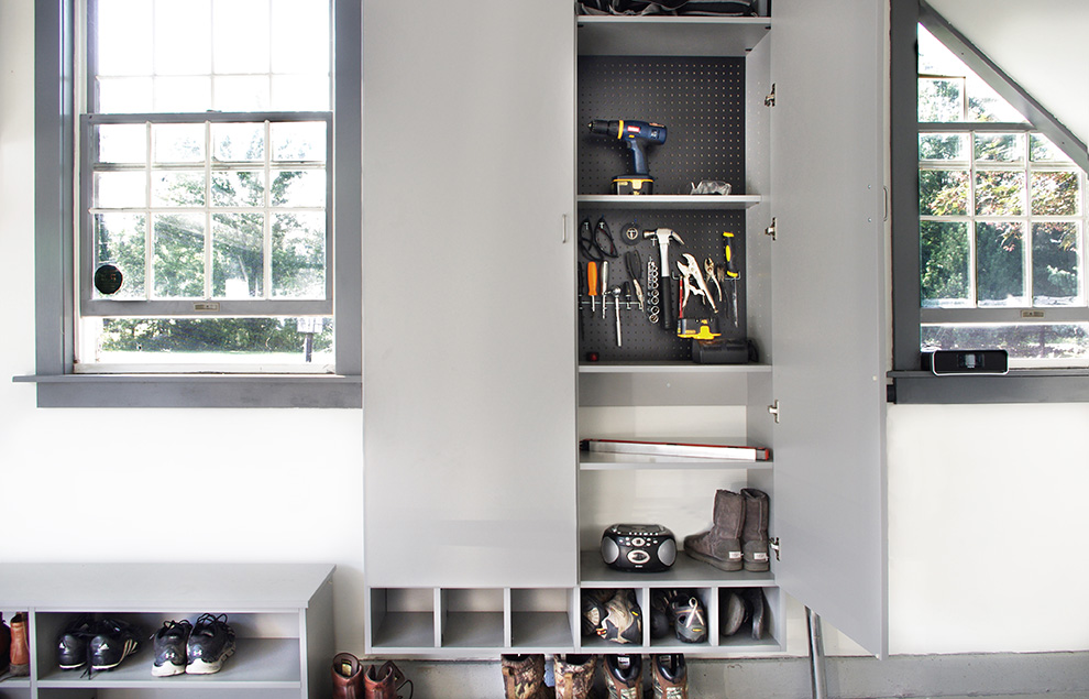 Garage Tool Cabinet with Shoe Cubbies and Shoe Bench