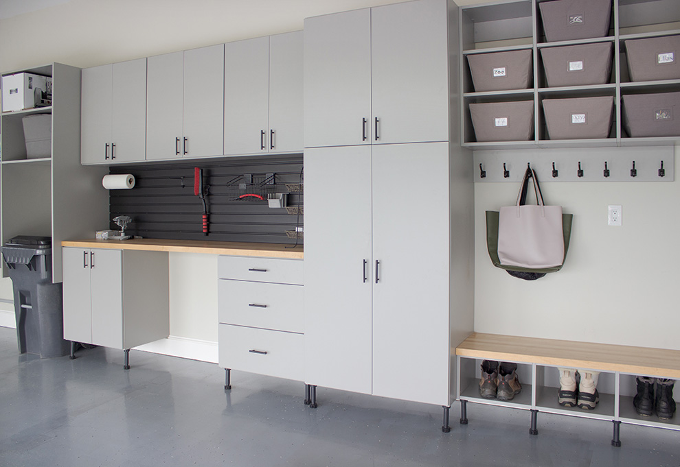 Garage Organization with Cabinets and Open Shelving