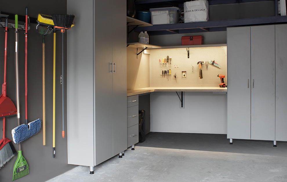 Fast Track Broom Hooks with Garage Cabinets and Drawers with Wood Block Top