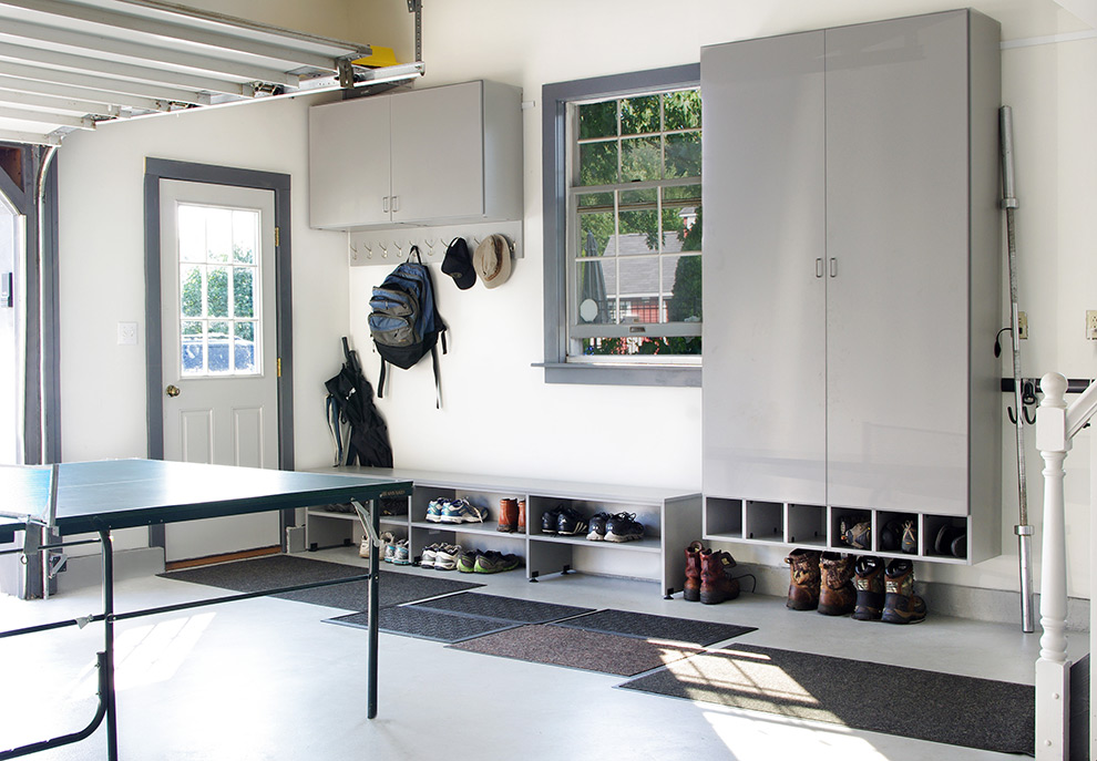 Garage Cabinets with Shoe Storage Bench and Shoe Cubbies