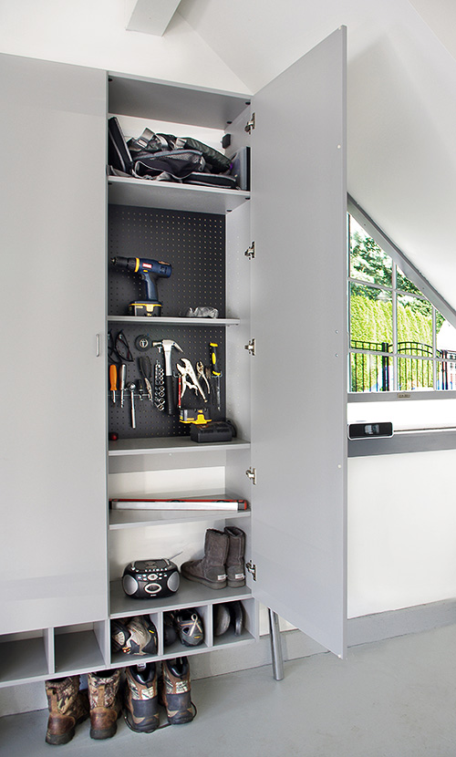 Garage Tool Cabinet with Pegboard and Shoe Cubbies