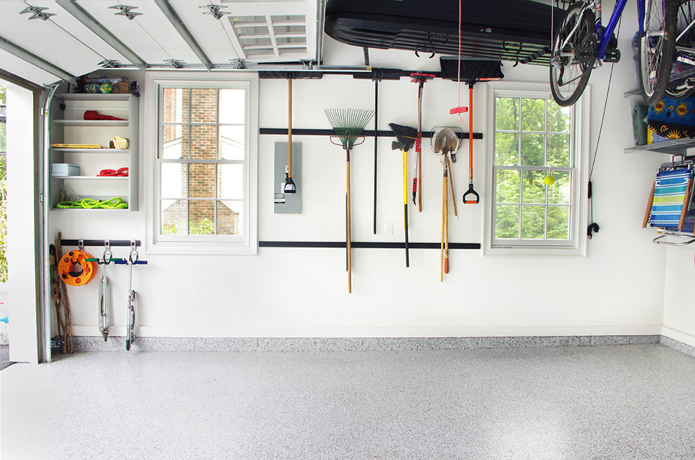 Small Open Shelf Garage Cabinet and Wall Mounted Storage Systems with Hooks for Tools and Skate Boards