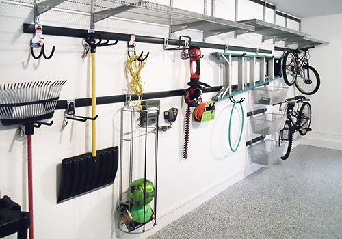 Garage Wall Racks with Storage Bins for Garden Tools and Bikes