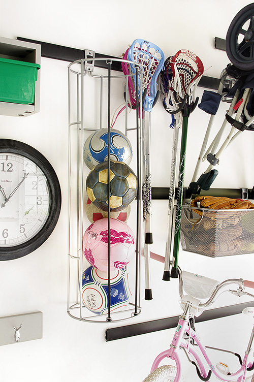 Garage Sports Storage Racks with Hooks and Mesh Bins Close Up