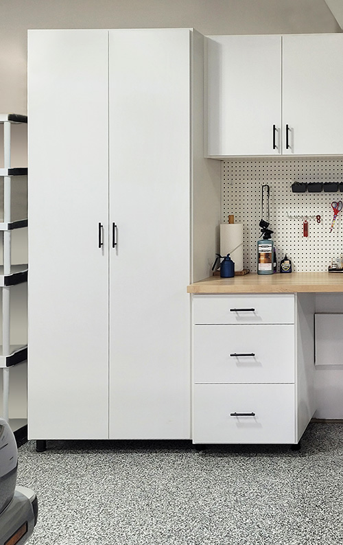 Garage Storage Cabinets with Drawers & Butcher Block Workspace