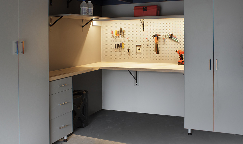 Garage Cabinet with Tool Pegboard and Maple Butcher Block Top