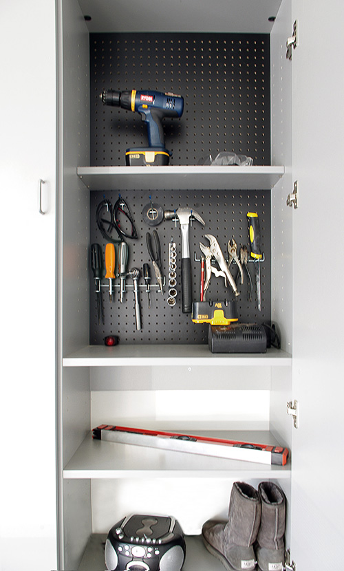 Tool Cabinet with Pegboard and Boot Storage Close Up