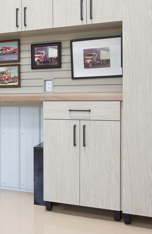 Garage Cabinets with Metal Feet and Walnut Countertop