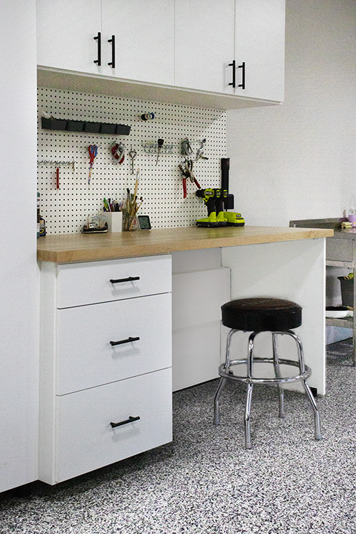 Custom Garage Cabinets with Drawers, Pegboard Tool Storage and Solid Walnut Wood Butcher Block Countertop