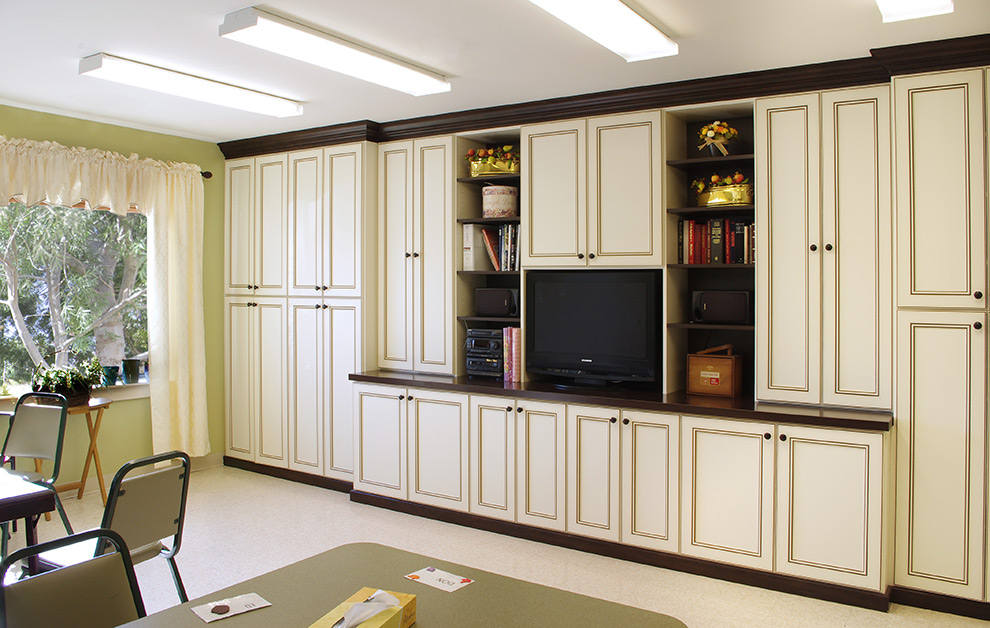 Assisted Living Entertainment Center Floor to Ceiling Cabinets and Shelves