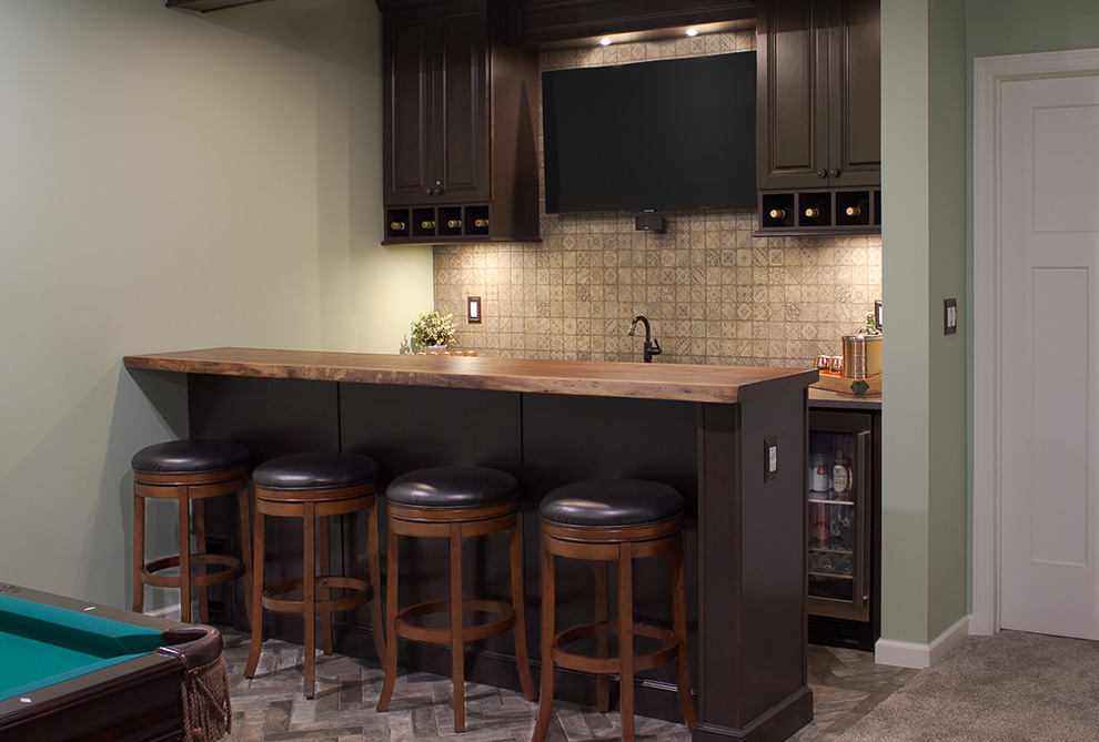 Basement Renovation Recreation Room with Home Bar and Wine Cabinets