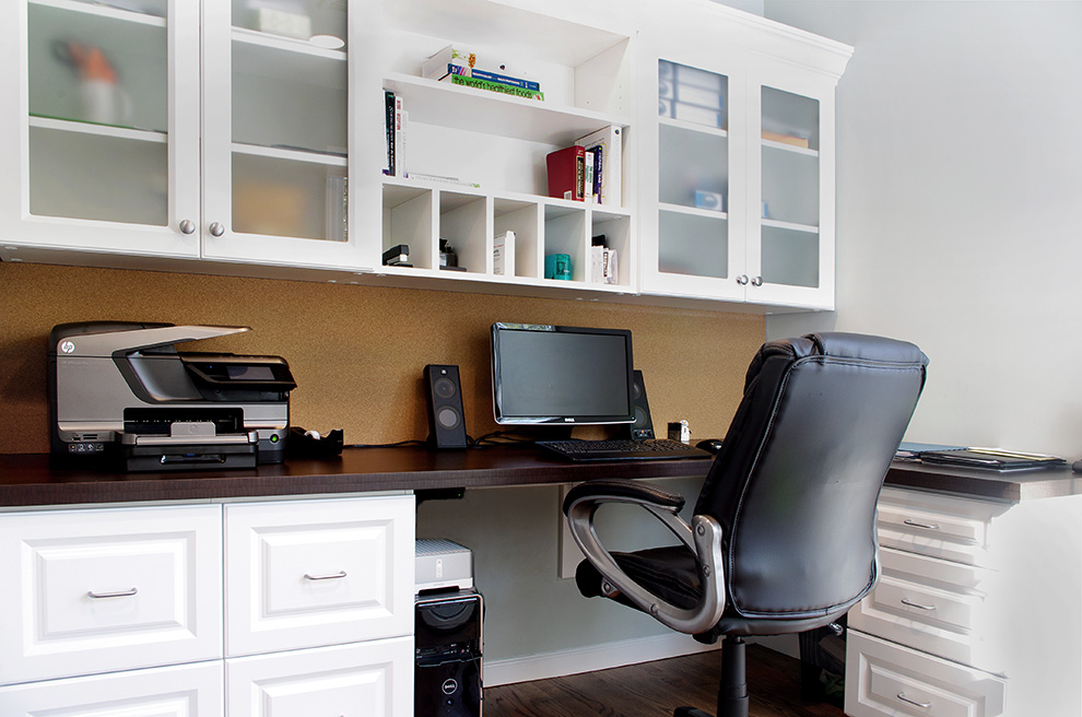 Home Office Desk and Cabinets with Acid Etched Glass, Paper Cubbies and Shelves