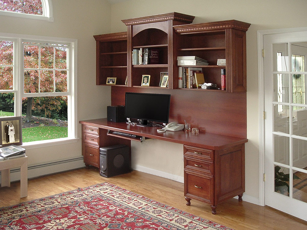 Cherry Home Office Desk with Overhead Cabinets