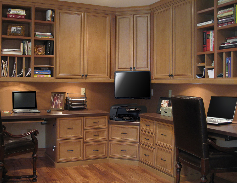 Cherry Wood Home Office with Corkboard Backspash