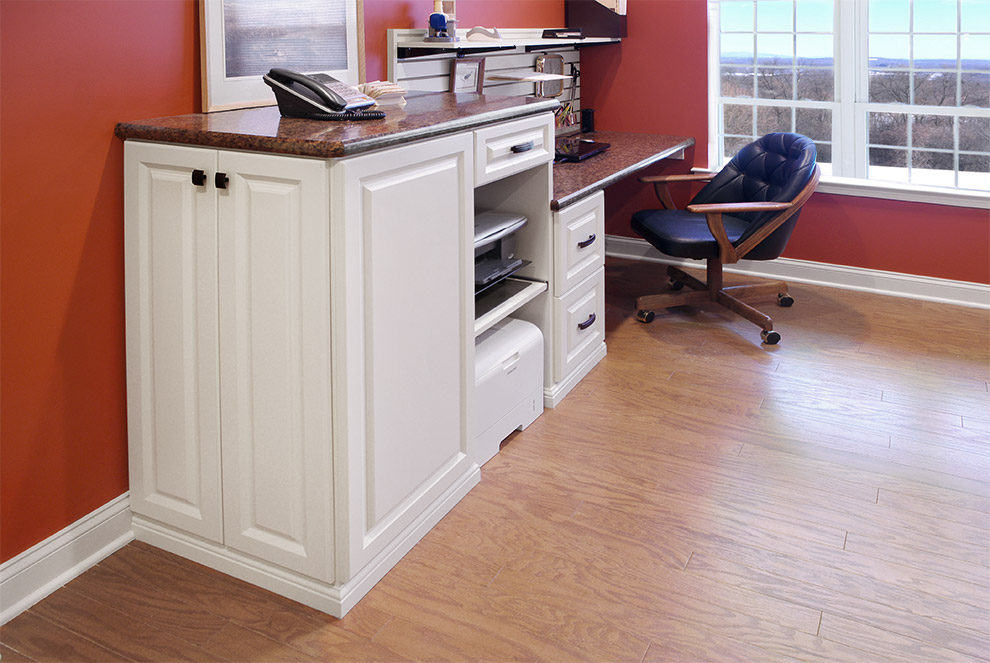 Antique White Home Office Cabinet with Desk and Vertical Wall Storage Bins and Hooks